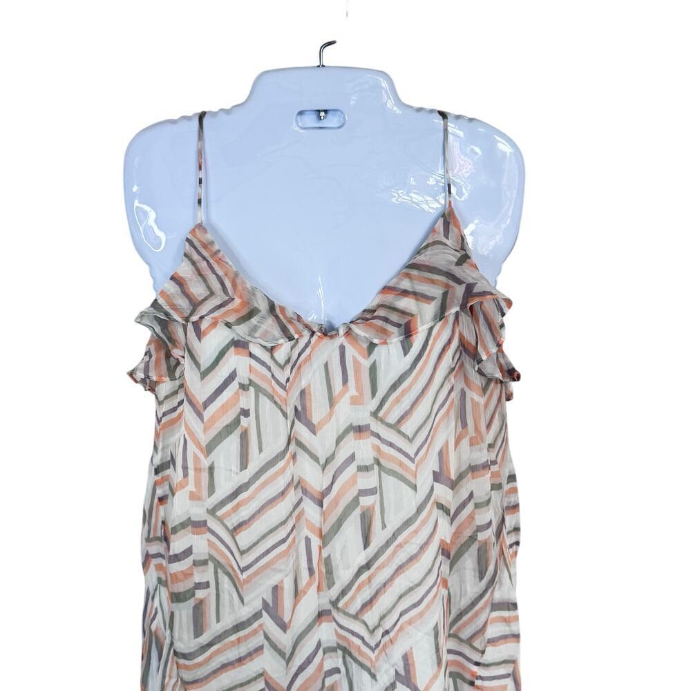 New REBECCA MINKOFF Emilia Multi Color Geo Print Chiffon Shift Dress Ruffle Sz M - Picture 3 of 13
